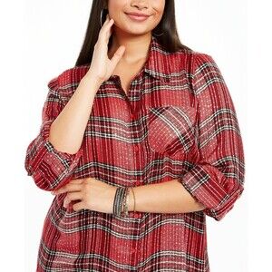 Style & Co Collared Button Sequin Highlight Shirt In Red Plaid Plus Size 1X